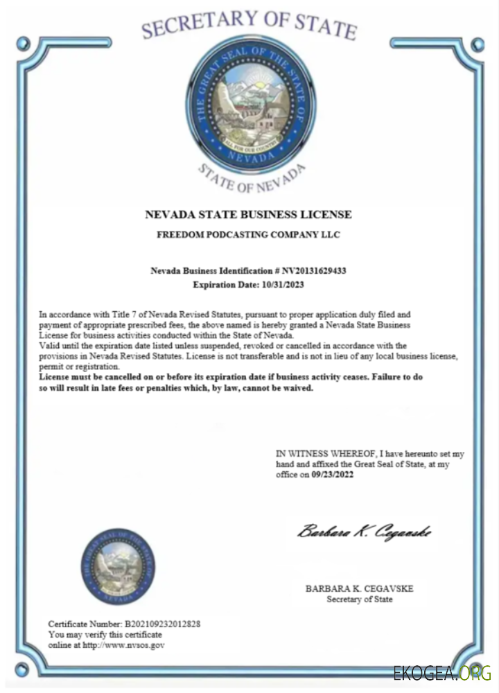 Modèle Word et PDF de certificat de licence commerciale de l'État du Nevada des États Unis